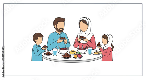 Muslim Family Enjoying Iftar Meal Together, Breaking Fast During Ramadan