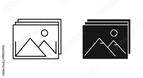 Set of minimalist gallery and photo album icons featuring a mountain landscape in both outline and solid glyph styles for modern user interface design
