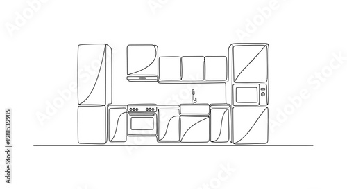 Modern Kitchen Outline Drawing, Minimalist Design, Vector Illustration