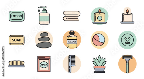 Spa and Self-Care Icons: Lotion, Soap, Candles, Stones, Skincare, Towels, Plant
