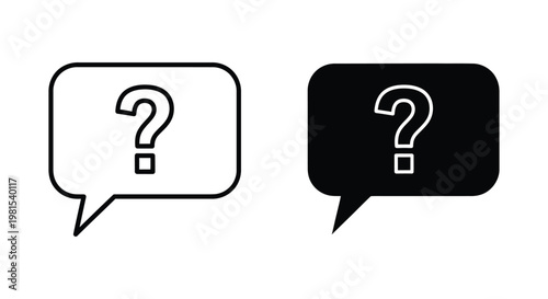 Minimalist speech bubble icons with question marks in outline and solid styles for customer support, FAQ sections, and help desk communication interfaces.