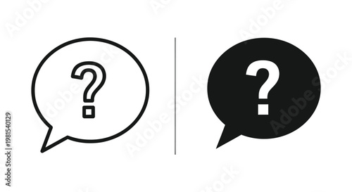 Set of minimalist speech bubble icons with question marks in outline and solid styles for customer support, FAQ help centers, and user interface communication design.