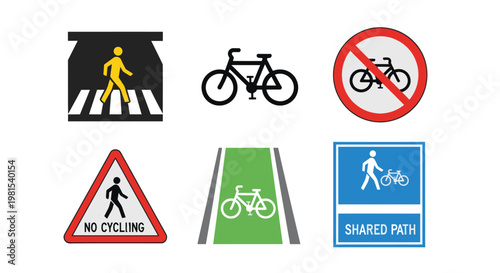 Road Safety Signs: Pedestrian Crossing, Bicycle Lane, No Cycling, Shared Path