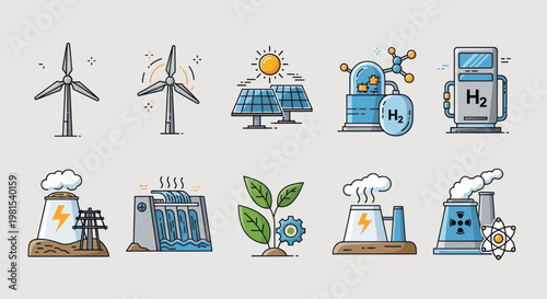 Renewable Energy Sources and Power Generation Icons Set