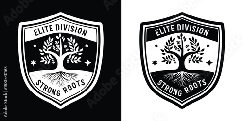 Black and white vintage emblem shield featuring a stylized tree with strong roots for an elite division branding design project