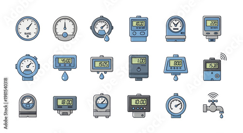 Digital and Analog Meters Icons: Water, Pressure, Flow, Temperature, Smart Devices