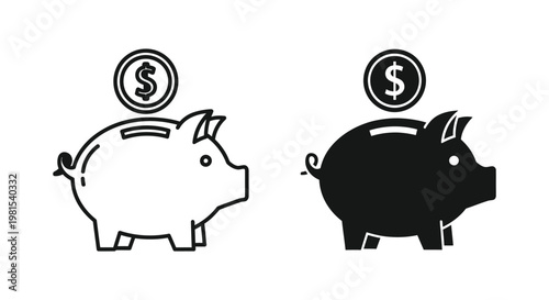 Minimalist piggy bank icons in outline and solid black styles with dollar coins, symbolizing personal savings, financial planning, and wealth management for banking and investment concepts.