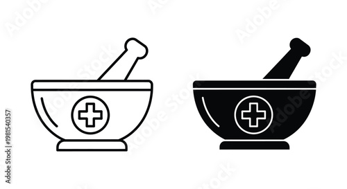 Minimalist mortar and pestle icons with medical cross symbol for pharmacy, apothecary, and traditional herbal medicine preparation in healthcare and wellness design.