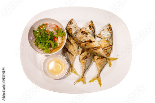 Top view of fried mackerel Popular fish menu in Thailand, focus selective