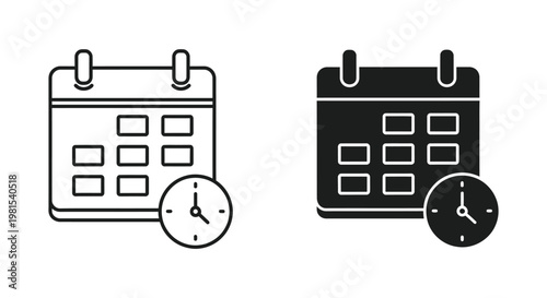 Minimalist calendar and clock icons in outline and solid black styles for business scheduling, appointment booking, and time management application interfaces.