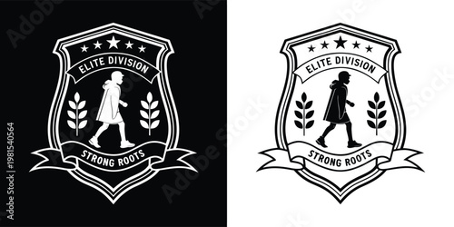 Monochrome shield emblem design featuring a person walking with stars and text elements to represent a strong elite division team