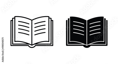 Set of two open book icons featuring outline and solid glyph styles, perfect for education, library, and digital reading interface designs.