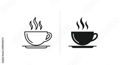 Minimalist coffee cup icons in outline and solid styles featuring hot steam for cafe branding and breakfast menu design