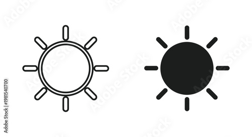 Minimalist sun icons in outline and solid styles designed for weather forecasting apps and screen brightness control interfaces in modern UI design
