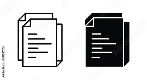 Set of minimalist document and file icons in outline and solid styles for digital content management, office paperwork organization, and business data storage concepts.