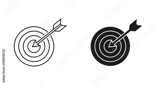 Minimalist target and arrow icons in outline and solid black styles representing successful goal achievement, business strategy, and hitting the bullseye for marketing and performance tracking.