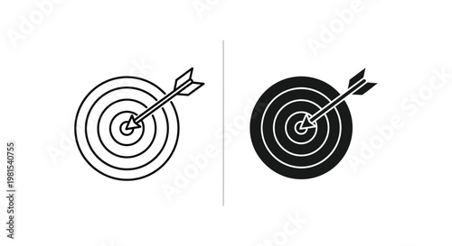 Minimalist target and arrow icon set featuring outline and solid versions symbolizing business success, precision marketing, and hitting strategic goals