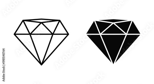 Minimalist diamond icon set featuring outline and solid silhouette styles for jewelry branding and luxury web design