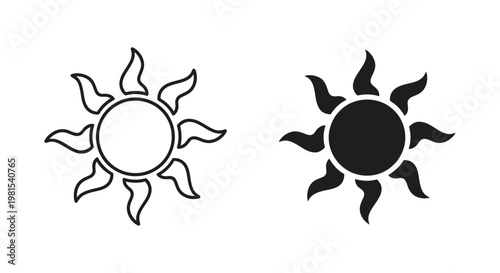 Minimalist sun icon set featuring outline and solid black solar symbols with wavy rays for weather forecasting and summer graphic design