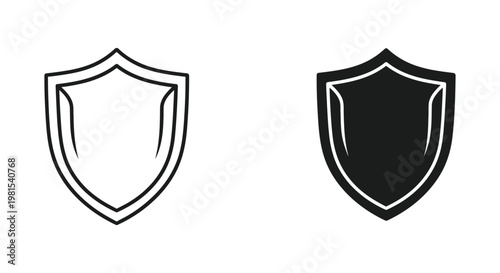 Set of minimalist shield icons in outline and solid black styles representing cybersecurity, data protection, and safety for modern digital branding and interface design
