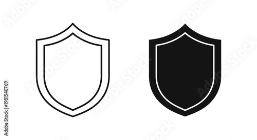 Minimalist shield icons in outline and solid black styles representing cybersecurity, data protection, and safety for web design and corporate branding.