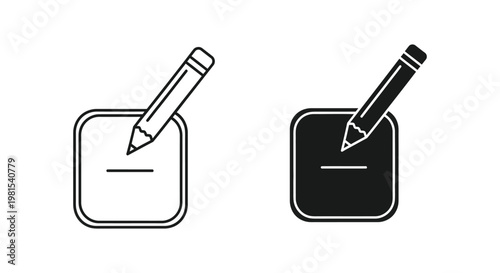 Set of minimalist edit and write icons featuring a pencil and note pad in outline and solid black styles for user interface design, digital documentation, and creative content creation.