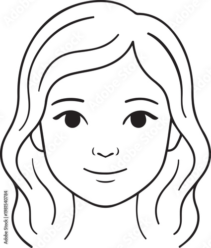 A simple black and white line art drawing of a young woman with wavy hair and a gentle smile