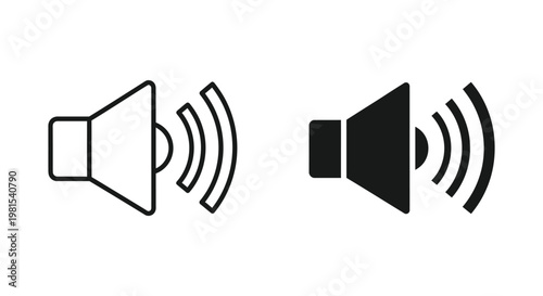 Minimalist black and white speaker icons with sound waves representing volume control and audio broadcasting for digital interface design