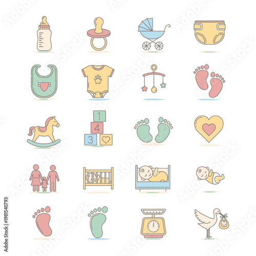 Newborn baby care and parenthood pixel icons set