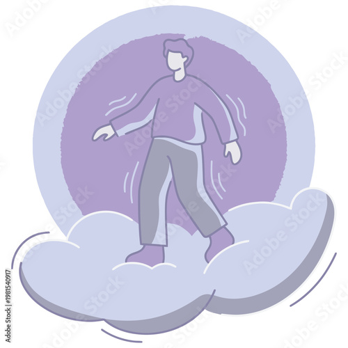 Man walking on clouds with purple background.