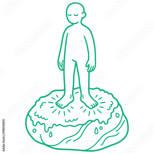 Minimalist figure standing on a glowing rock.