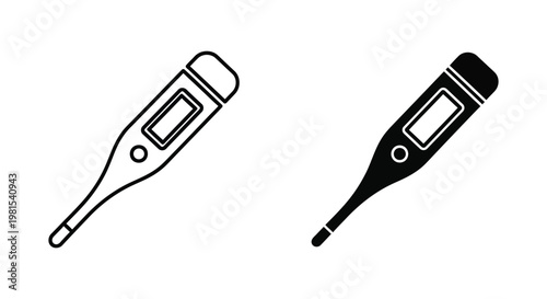 Set of digital thermometer icons in outline and solid black styles for medical diagnostic tools, fever measurement, and healthcare application interfaces.
