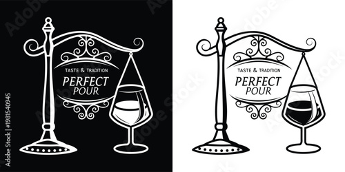 Elegant ornamental metal signage design featuring a stylish wine glass illustration for a classic tavern or a premium wine bar