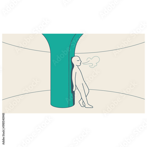 Minimalist illustration of a person exhaling against a teal column.