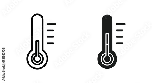 Minimalist thermometer icon set featuring outline and solid black styles for temperature measurement, weather forecasting, and medical health monitoring on a white background.
