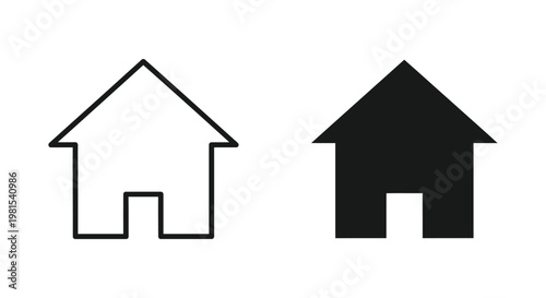 Minimalist black and white house icon set featuring outline and solid silhouette styles for real estate branding and website homepage navigation