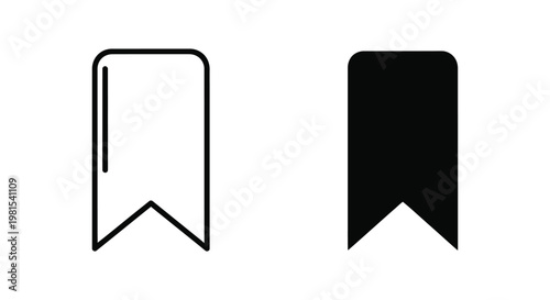 Minimalist bookmark icon set with outline and solid black ribbon styles for website navigation, digital content saving, and user interface design