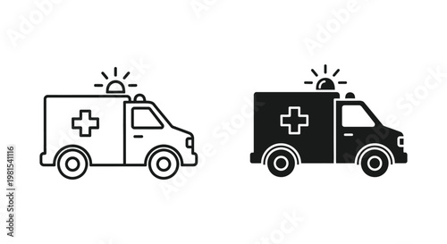 Set of minimalist ambulance vector icons in outline and solid silhouette styles for emergency medical services, healthcare apps, and first aid response design.