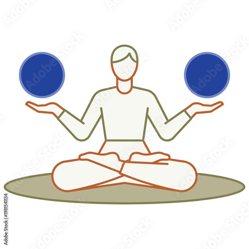 Person meditating holding two blue spheres in balance.