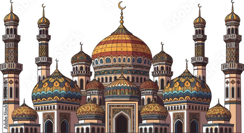 Intricate architecture of a grand mosque with multiple domes and minarets Vector