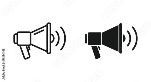 Minimalist megaphone and bullhorn icon set featuring outline and solid styles with sound waves, ideal for digital marketing announcements, social media alerts, and public communication.