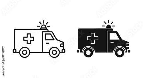 Minimalist ambulance icon set featuring outline and solid silhouette styles for emergency medical services, healthcare apps, and first aid response design