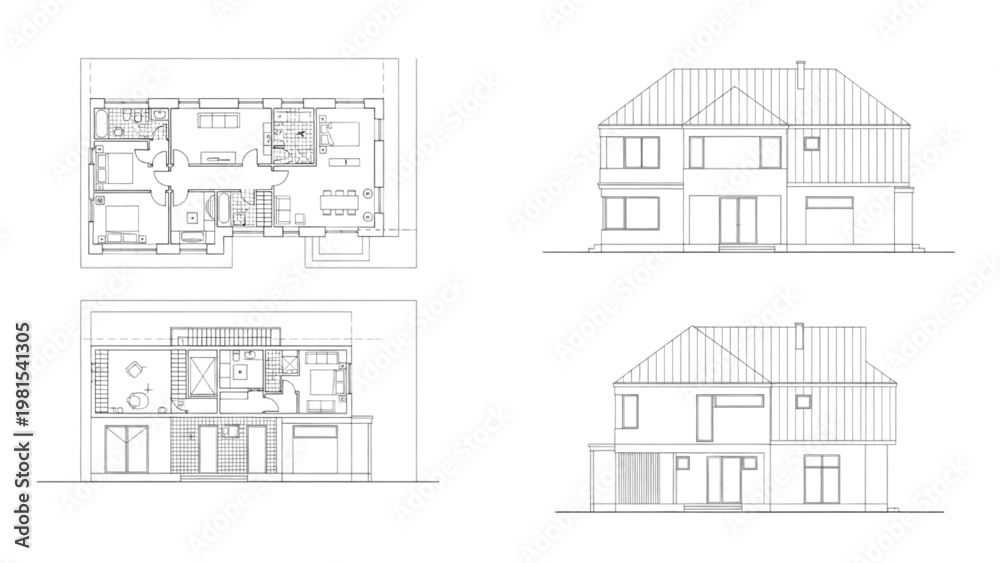 Fototapeta premium Complete House Floor Plan and Elevation Blueprint – Residential Architectural CAD Drawing Technical Line Art