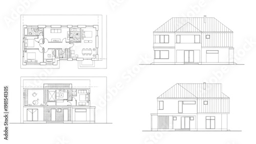 Complete House Floor Plan and Elevation Blueprint – Residential Architectural CAD Drawing Technical Line Art