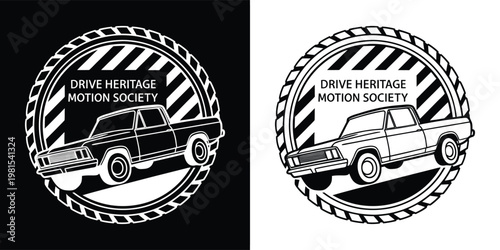An illustrative logo for the 'Drive Heritage Motion Society' featuring a classic pickup truck, symbolizing vintage automotive passion and community.