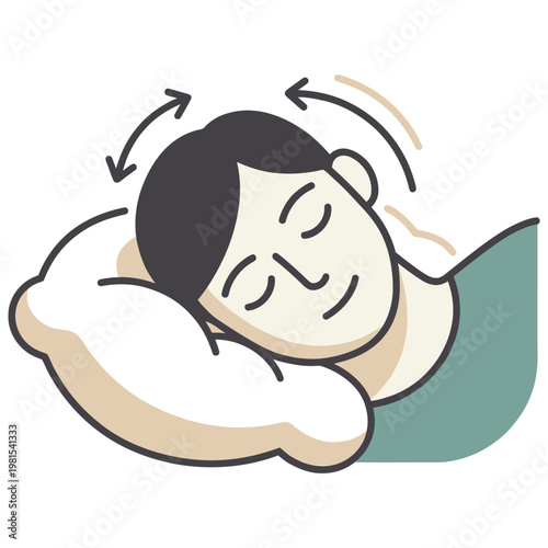 Person sleeping peacefully on a comfortable pillow with head movements indicated.