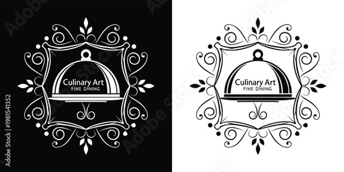 Elegant culinary art fine dining logo design featuring a classic serving cloche surrounded by beautiful ornate victorian style scroll decorations