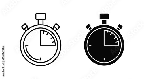Set of minimalist stopwatch icons in outline and solid styles representing a fifteen-minute countdown for productivity, sports training, and business deadline management.