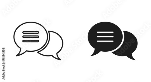 Minimalist speech bubble icons in outline and solid black styles for digital communication, customer service messaging, and social media dialogue