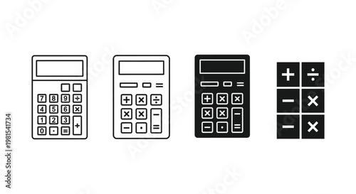 Professional collection of calculator and arithmetic operator icons in various styles, perfect for financial apps, accounting software, and educational mathematics materials.